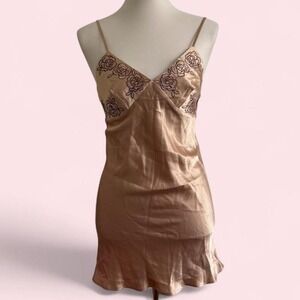 Sensara Gold Satin Slip Dress Rose Embroidery Spaghetti Strap Size‎ S